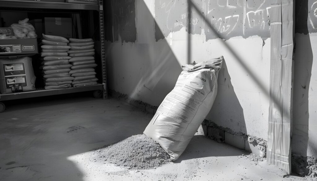 Sac de ciment posé sur un chantier, prêt à être utilisé pour des travaux de construction.