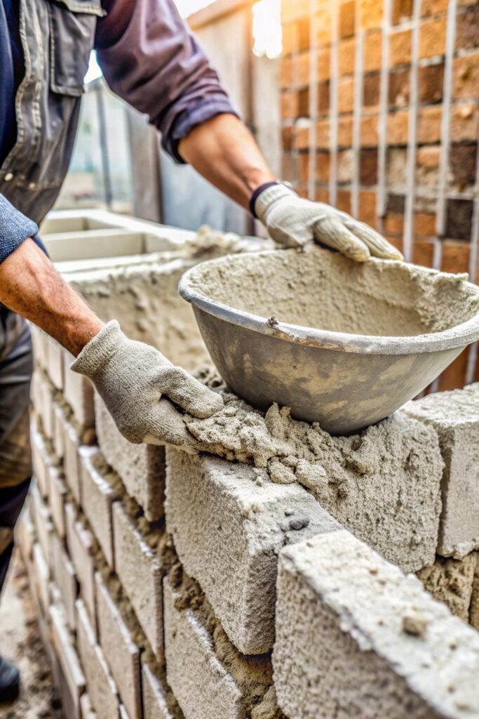 ouvrier utilisant du ciment sur un chantier pour des travaux de construction.