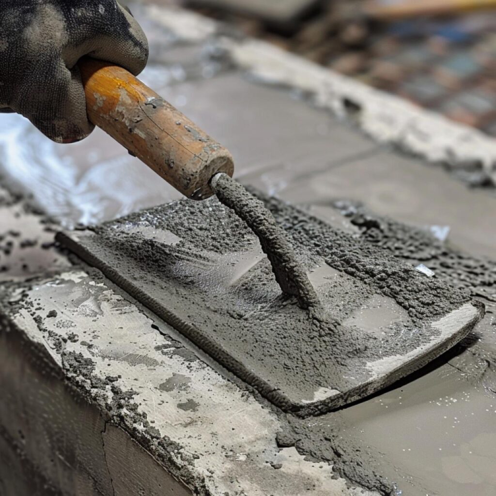 Application de béton frais à l'aide d'une truelle sur une surface plane.