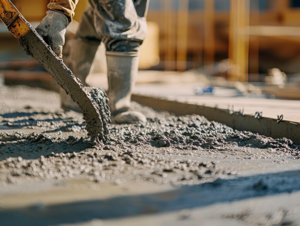 Un ouvrier en train de mélanger des ingrédients pour préparer du béton sur un chantier.