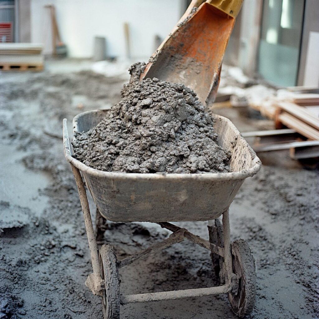 Mélange de ciment pour créer du béton, sans ouvrier, sur un chantier de construction.